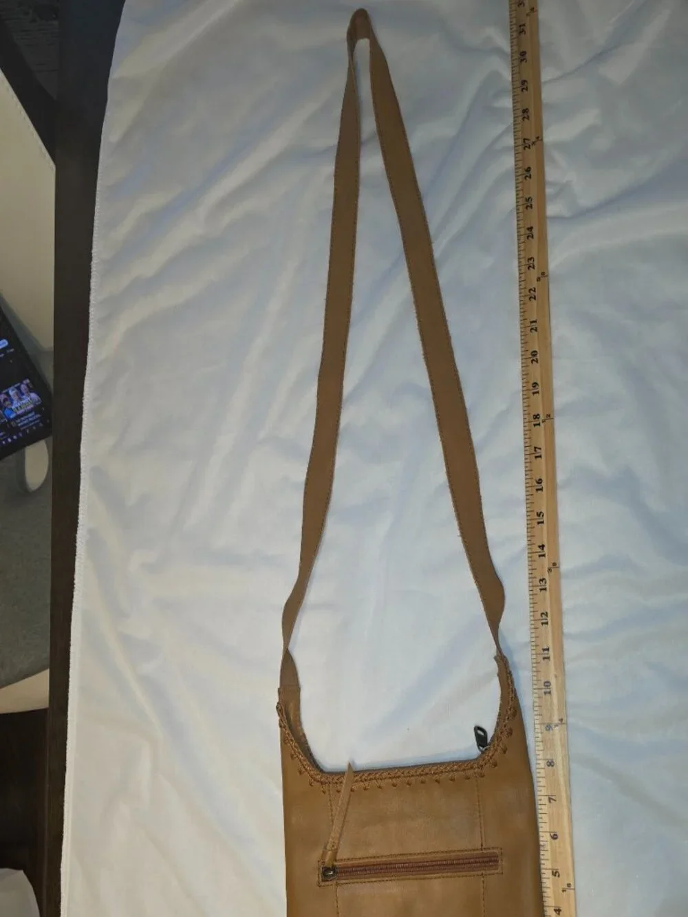 The Sak Asher Leather Crossbody Bag Neutral Tan Soft Strap Stitched Crochet Trim